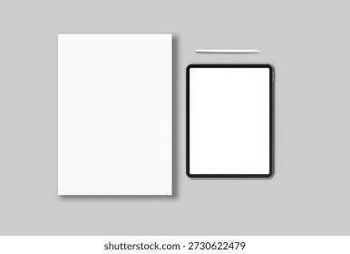 Minimal tablet and paper mockup with stylus pen on light gray background. Clean flat lay composition with blank screen and empty sheet, ideal for branding digital or print templates.	