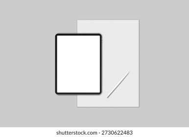 Minimal tablet and paper mockup with stylus pen on light gray background. Clean flat lay composition with blank screen and empty sheet, ideal for branding digital or print templates.	