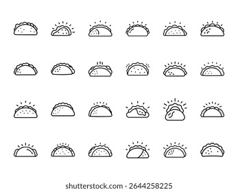 Minimal Taco Icons Collection - 25 Contorno Mexicano Taco Silhuetas em Estilo Desenhado à Mão com Line Art Look no Fundo Branco para Design de Menu, Aplicativos de Entrega de Alimentos e Marcas Culinárias
