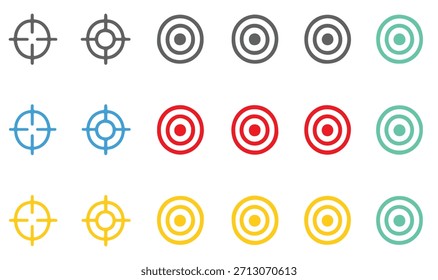 Minimale Ziel- oder Fokuspunktsymbole im modernen Stil. für Designelemente, die sich auf Fokus, Ziel, Position oder Genauigkeit, Fadenkreuz-Indikatoren, Präzisionssymbol beziehen. Farbsatz