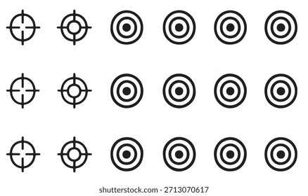 Minimale Ziel- oder Fokuspunktsymbole im modernen Stil. für Designelemente, die sich auf Fokus, Ziel, Position oder Genauigkeit, Fadenkreuz-Indikatoren, Präzisionssymbol beziehen. Farbsatz