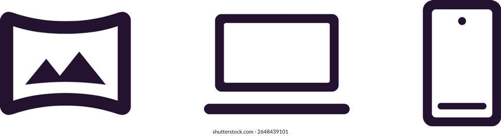 Conjunto Mínimo De Ícones De Dispositivo Técnico. Fone de ouvido VR, Laptop, Símbolos de Smartphone. Estilo de estrutura de tópicos arrojada para interface de usuário, design de aplicativo, tecnologia digital, dispositivos inteligentes, experiência virtual e projetos modernos da Web