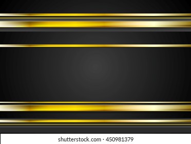 Minimal tech golden abstract elegant background. Gold metal stripes on black backdrop. Hi-tech orange black illustration