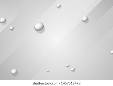 Minimal tech graphic design with grey stripes and pearl beads. Geometric silver glossy 3d spheres. Abstract corporate background. Vector illustration