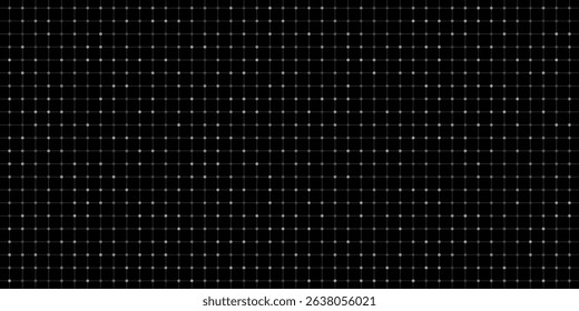 Minimal tech grid background with subtle gray dots and connected lines on a black backdrop. Perfect for use in UI design, data visualization, technology interfaces. Vector illustration.