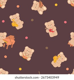 Minimal Teddy Bear Music Pattern on Dark Brown