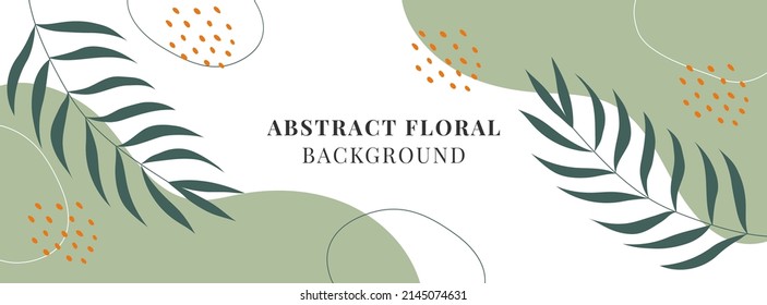 Minimal template banner with leaf 
floral element. Design with green color background. 