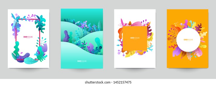 Minimal template design for branding, advertising with cartoon plants, leaves or trees in flat style. Set background for covers, invitations, posters, banners, flyers, placards. Vector illustration.