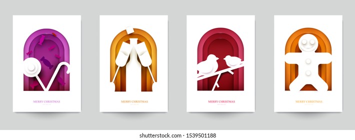 Minimal template design for branding, advertising with winter christmas composition in paper cut style. Vector illustration.