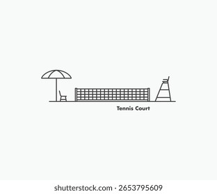 Minimal tennis court line art logo design with net, bench, umbrella, and umpire chair symbol icon illustration