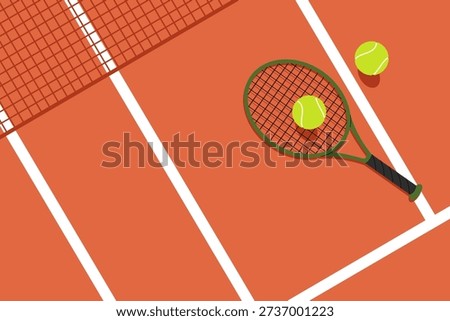 Minimal tennis scene with racket, balls and net on colorful court surface. Flat background for sports branding and active lifestyle projects.