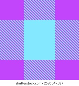 Minimal textile check vector, tradition fabric pattern seamless. Ethnicity background texture plaid tartan in purple and cyan colors palette.