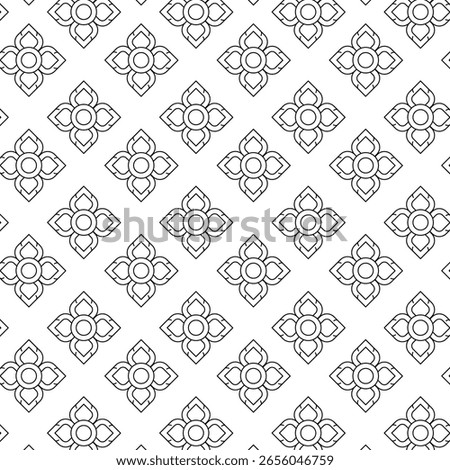 Minimal Thai floral pattern in geometric style with bold black outline, vector line art isolated on white