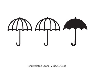 Minimal thick-line umbrella icons on a clean background, shown in three silhouettes with crisp arcs and handles. Calm, practical mood for branding and signage, especially weather-themed graphics.