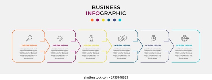 Minimal thin line Business Infographics template. Timeline with 6 steps, options and marketing icons .Vector linear infographic with two circle conected elements. Can be use for presentation.