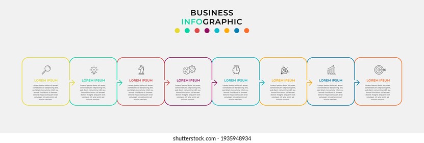 Minimal thin line Business Infographics template. Timeline with 8 steps, options and marketing icons .Vector linear infographic with two circle conected elements. Can be use for presentation.