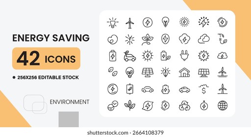 A minimal thin line energy saving and eco-friendly icon collection featuring 42 unique symbols. Includes energy-efficient light bulb, renewable energy, green power, solar panel, wind turbine, electric