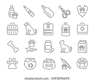 Minimal thin line icon set. Pets, veterinary clinic. Editable stroke