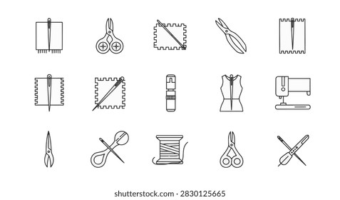 Minimal thin line icon set for sewing and tailoring including needles, scissors, fabric swatches, thread spool, sewing machine, and dressform, isolated on white background.
