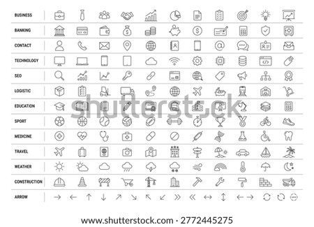 Minimal thin line icon set covering business, technology, seo, and more