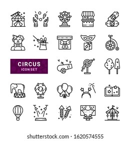 Сircus Minimal Thin Line Stuff Linear Vector Icons. Contains 

such icons as Character Clown ,Carousel, Tent and more.