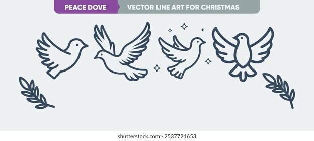 Minimal Thin Line Web Icon Set: Peace Dove Outline Icons, Simple Vector for Christmas and New Year
