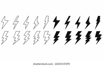 Minimal thin, line,outline silhouette of a thunderbolt icon. Great for logo,symbol,weather apps, electricity symbols, energy or power design assets. Vector illustration