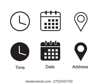 Minimal time, date, and address icon set in clean black and white vector style. Simple and modern symbols perfect for UI, UX, web design, mobile apps, calendars, schedules, maps, and business interfaces. Fully editable, scalable vector icons suitable for digital and print use.