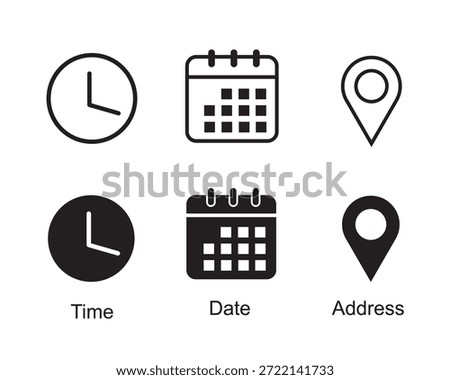 Minimal time, date, and address icon set in clean black and white vector style. Simple and modern symbols perfect for UI, UX, web design, mobile apps, calendars, schedules, maps, and business interfaces. Fully editable, scalable vector icons suitable for digital and print use.