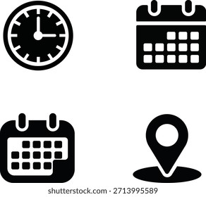 Minimal Time, Date and Location Icons Set in Black Silhouette