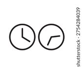 Minimal time zone line icon featuring two clocks representing global time differences, scheduling and international time management.