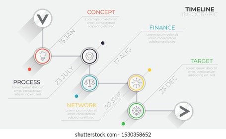 Minimal timeline infographics with 5 circular paper steps and icon. Chart process template. Modern vector illustration for company or corporate business project and presentation. Trendy Eps10 design