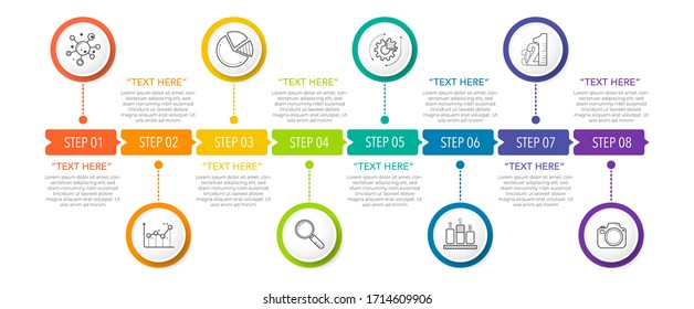 Minimal timeline infographics design vector and icons with 8 options, parts, steps or processes.