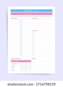 Minimal today planner template with hourly schedule 6-23, priorities and to do list, productivity mood energy stress evaluation bars and notes. Pastel clean vector printable page.