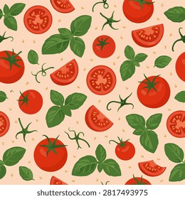 Minimal tomato and basil seamless vector pattern with sliced tomatoes and fresh herbs on peach background.