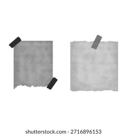 Piezas de papel rasgadas mínimas con cinta en estilo semitono blanco y negro. Ilustración Abstractas de memo en blanco aislado sobre fondo blanco para recordatorio, mensaje, collage o uso de diseño.