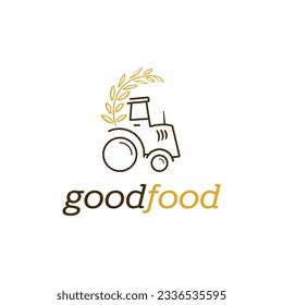 minimal tractor line art logo design, modern retro agro farm golden rice wheat mill logo