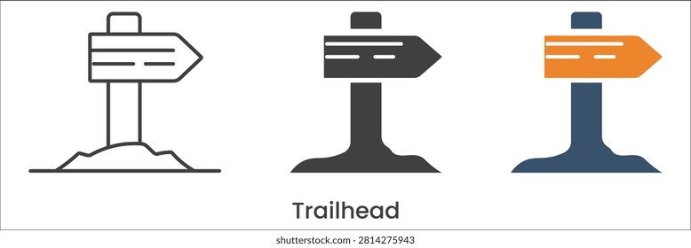 Minimal trailhead direction sign icon set featuring outdoor wayfinding symbols for trekking routes, hiking destinations and mountain navigation. Suitable for tourism maps, adventure guides and park information systems.