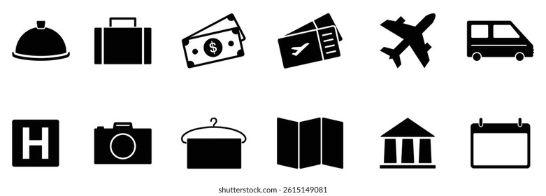 Minimal Travel Icon Set in Black and White – Line and Solid Style Symbols