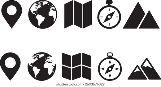 Conjunto mínimo de ícones de viagem e navegação