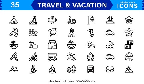 Minimal Travel and Vacation Icons Pack, Modern, Perfect for Airlines, Maps, Adventure, Tourism, Holidays, and Websites