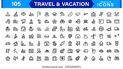 Minimal Travel and Vacation Icons Pack, Modern, Perfect for Airlines, Maps, Adventure, Tourism, Holidays, and Websites