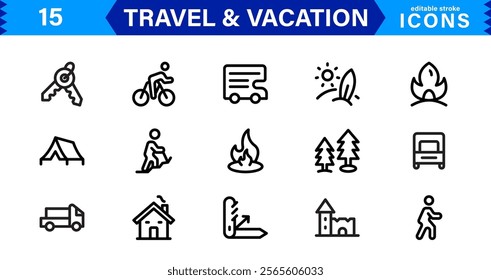 Minimal Travel and Vacation Icons Pack, Modern, Perfect for Airlines, Maps, Adventure, Tourism, Holidays, and Websites