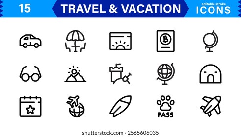 Minimal Travel and Vacation Icons Pack, Modern, Perfect for Airlines, Maps, Adventure, Tourism, Holidays, and Websites