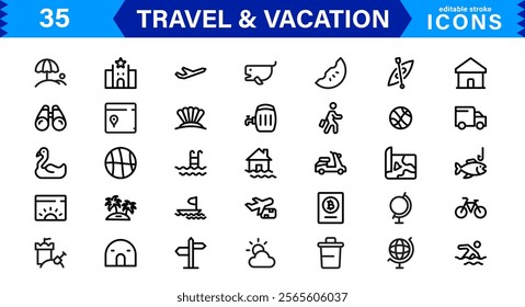 Minimal Travel and Vacation Icons Pack, Modern, Perfect for Airlines, Maps, Adventure, Tourism, Holidays, and Websites