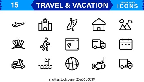 Minimal Travel and Vacation Icons Pack, Modern, Perfect for Airlines, Maps, Adventure, Tourism, Holidays, and Websites