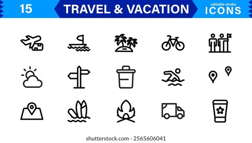 Minimal Travel and Vacation Icons Pack, Modern, Perfect for Airlines, Maps, Adventure, Tourism, Holidays, and Websites