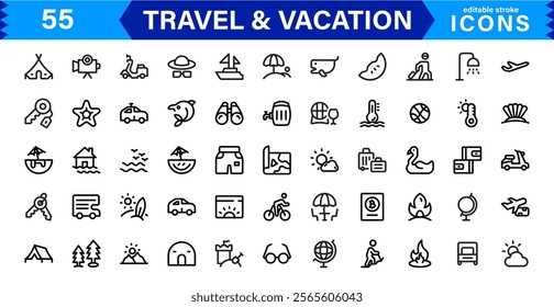 Minimal Travel and Vacation Icons Pack, Modern, Perfect for Airlines, Maps, Adventure, Tourism, Holidays, and Websites