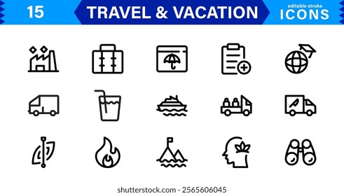 Minimal Travel and Vacation Icons Pack, Modern, Perfect for Airlines, Maps, Adventure, Tourism, Holidays, and Websites