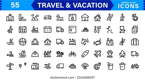 Minimal Travel and Vacation Icons Pack, Modern, Perfect for Airlines, Maps, Adventure, Tourism, Holidays, and Websites